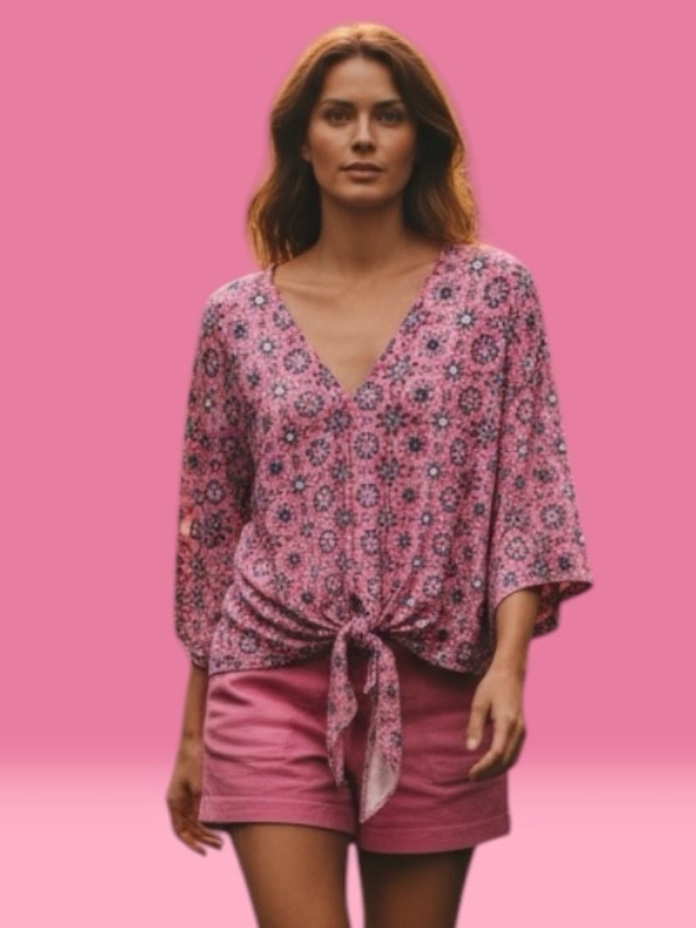 Lily Pink Floral Tie-Front Blouse